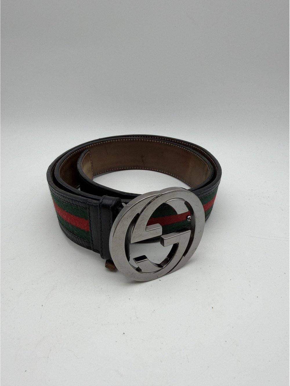 Gucci Signature Web Stripe Leather Belt with Silver GG Buckle